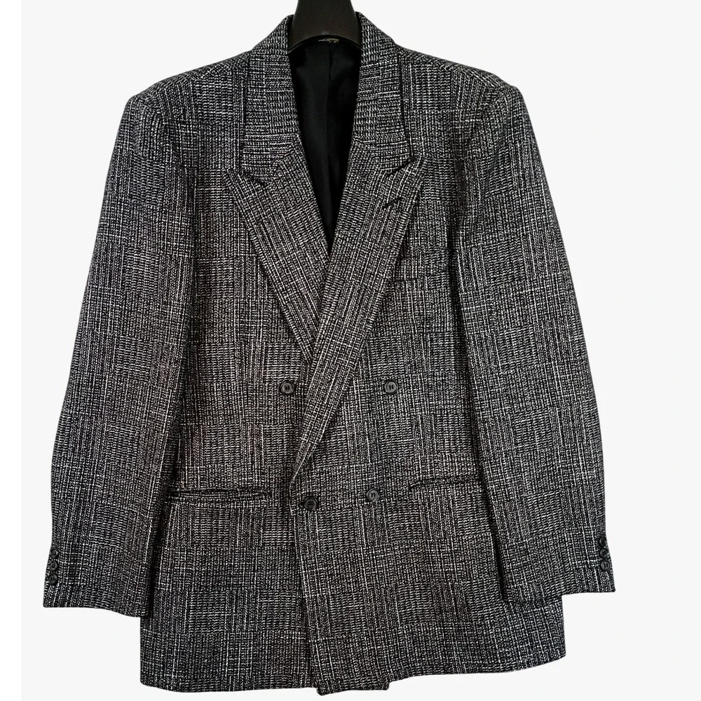 Vintage John Henry Double Breasted Tweed Blazer Mens 42R Black White Wool Casual